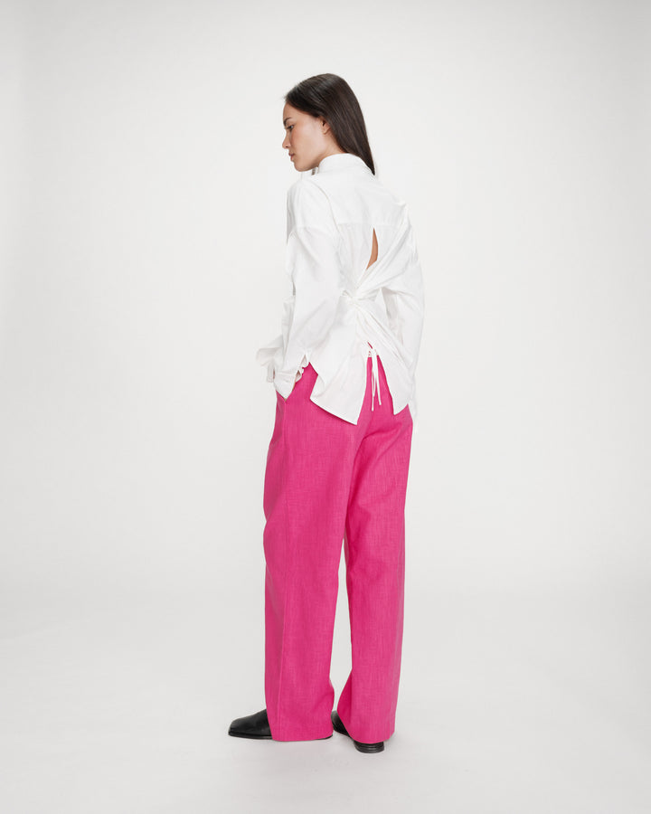 Pantalon tailleur à plis en lin et coton fuchsia Vanelis