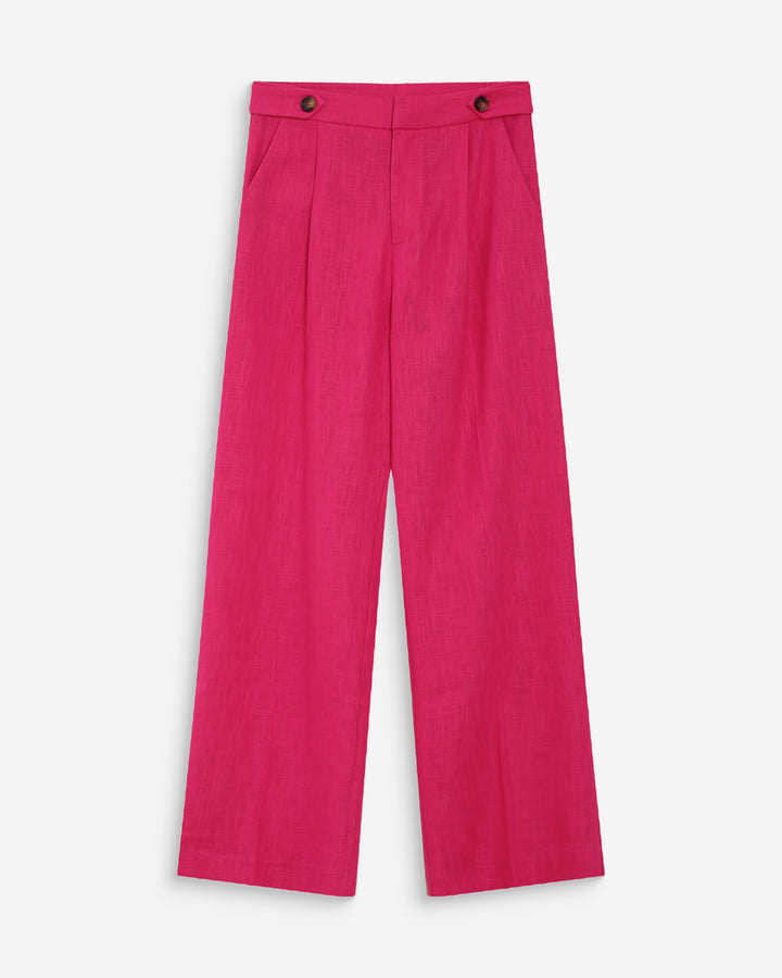 Pantalon tailleur à plis en lin et coton fuchsia Vanelis