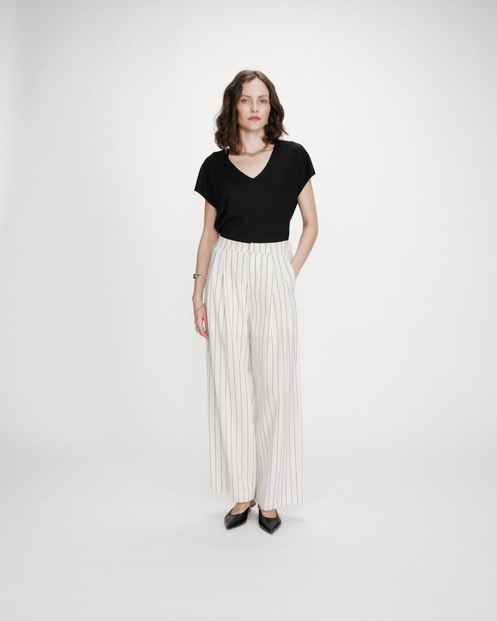 Pantalon tailleur droit en lin à fines rayures white Very