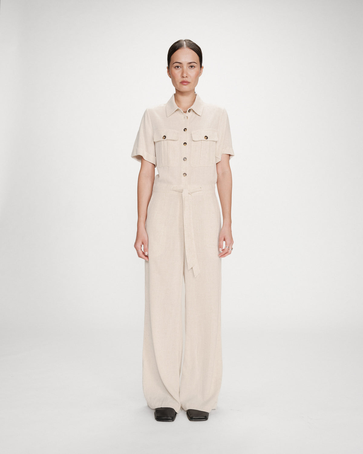 Fluid jumpsuit with defined waist sable Vanelle