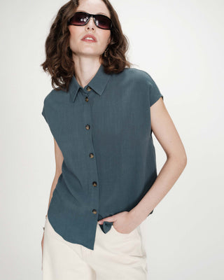 Fluid linen short-sleeve shirt emeraude Perez