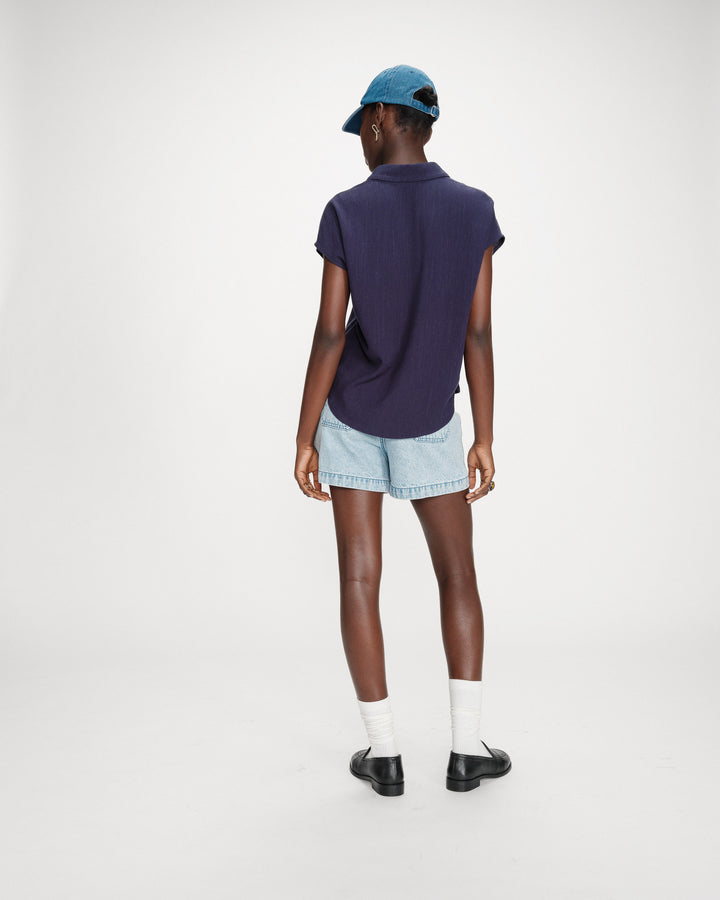 Chemise en lin fluide manches courtes marine Perez