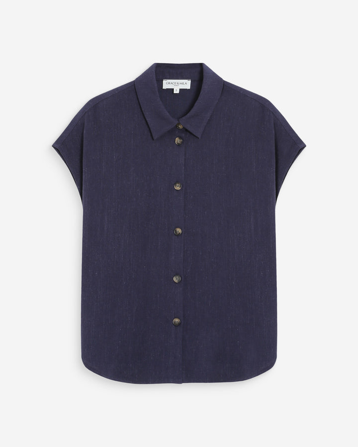 Chemise en lin fluide manches courtes marine Perez