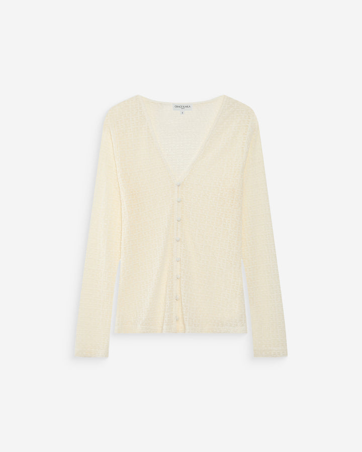 Top en dentelle ajusté boutonné col V ecru Venezia