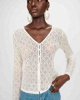 Top en dentelle ajusté boutonné col V ecru Venezia