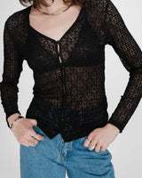 Fitted lace buttoned V-neck top noir Venezia