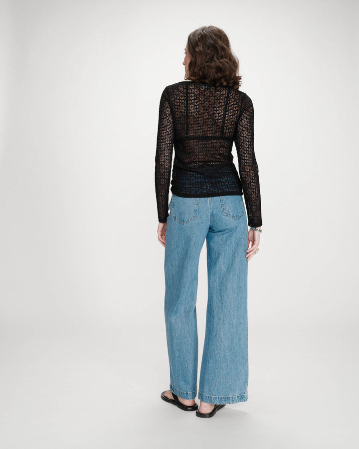 Fitted lace buttoned V-neck top noir Venezia