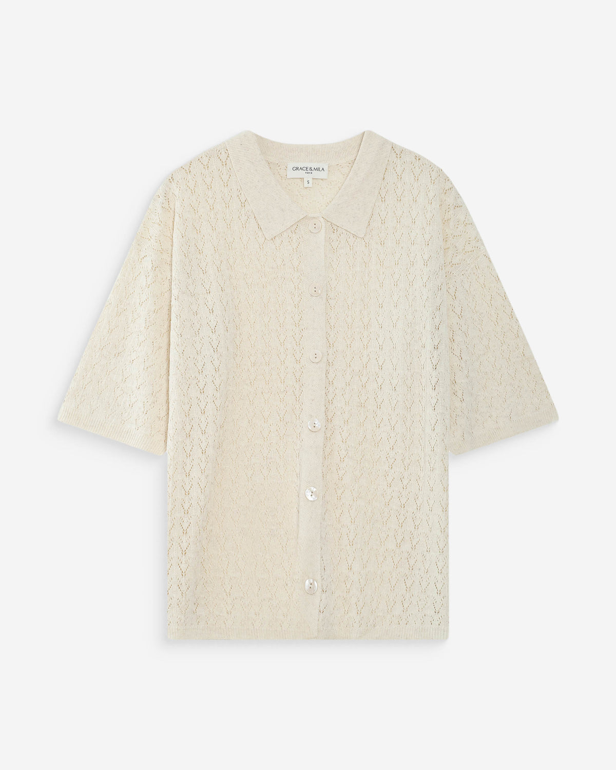 Cardigan en maille ajourée col chemise ecru Vadim