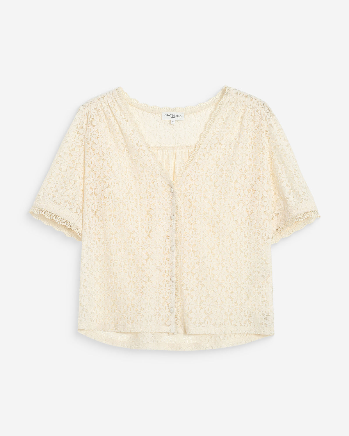 Short-sleeve V-neck lace blouse amande Vicky