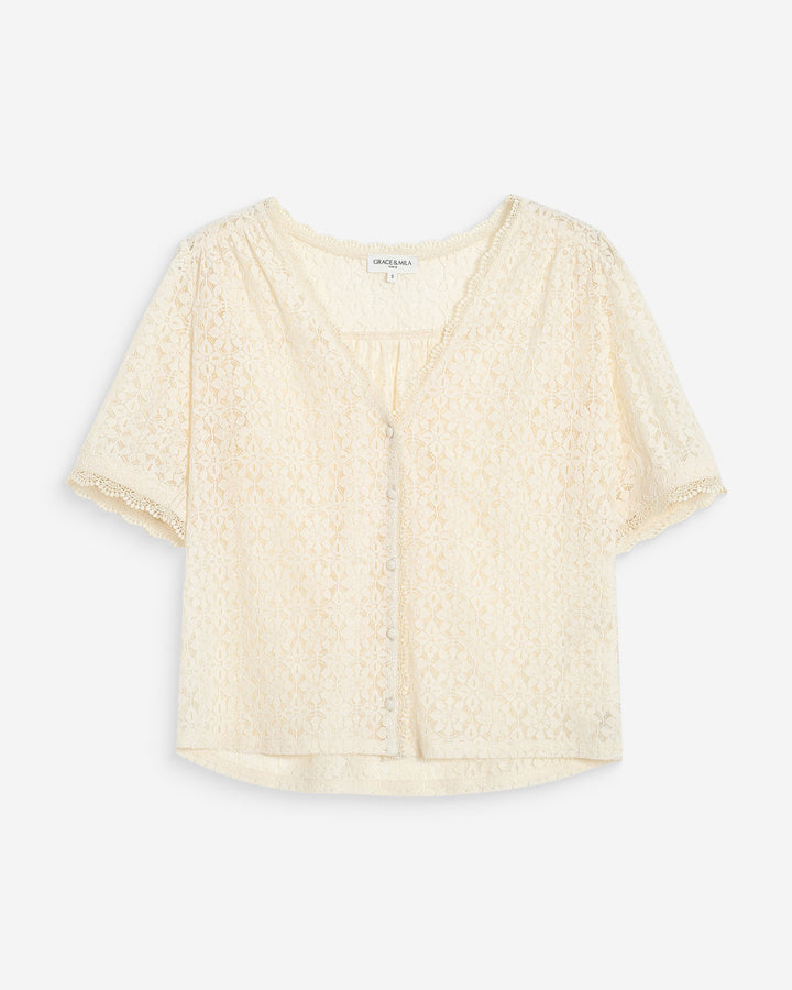 Short-sleeve V-neck lace blouse amande Vicky