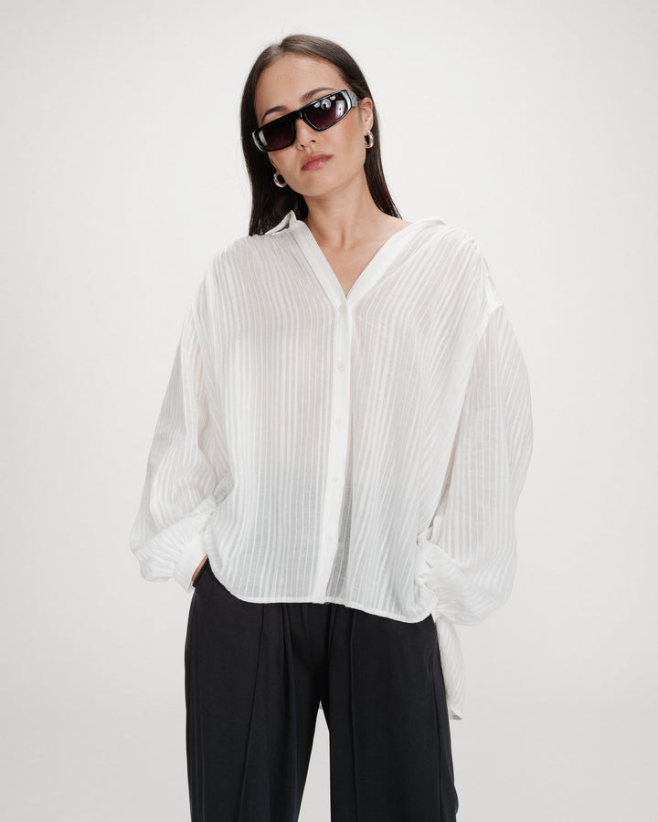 Chemise oversize en coton manches bouffantes ivoire Vibes