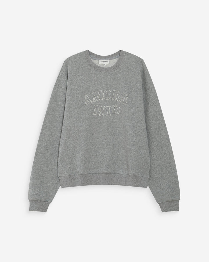 Pull oversize en coton à message brodé gris Valino