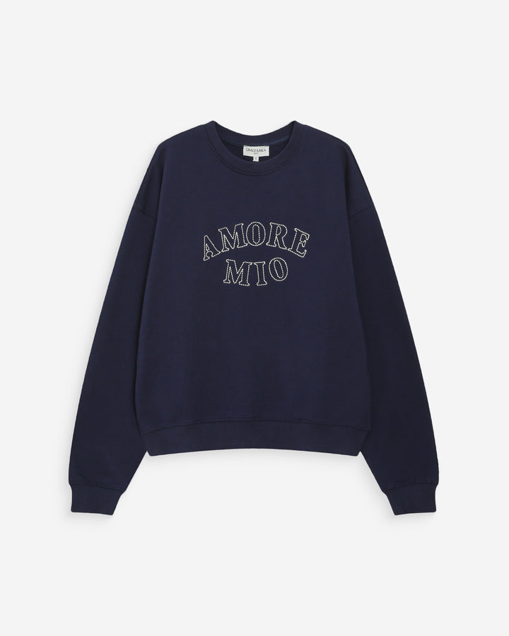 Pull oversize en coton à message brodé marine Valino