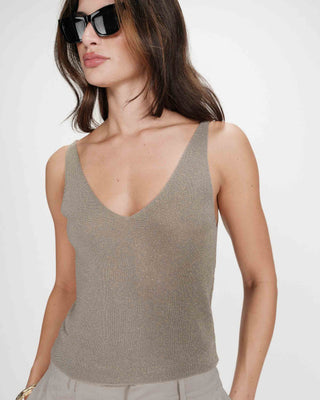 Top de lurex ajustado con escote en V kaki Paillette