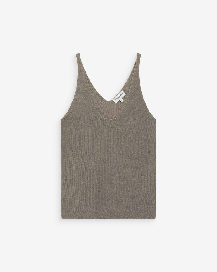 Fitted lurex strap V-neck top kaki Paillette