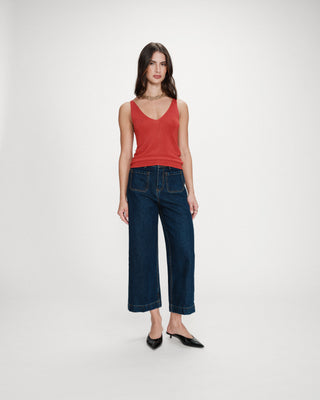 Fitted lurex strap V-neck top sanguine Paillette