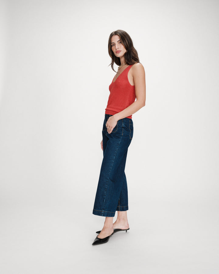 Fitted lurex strap V-neck top sanguine Paillette