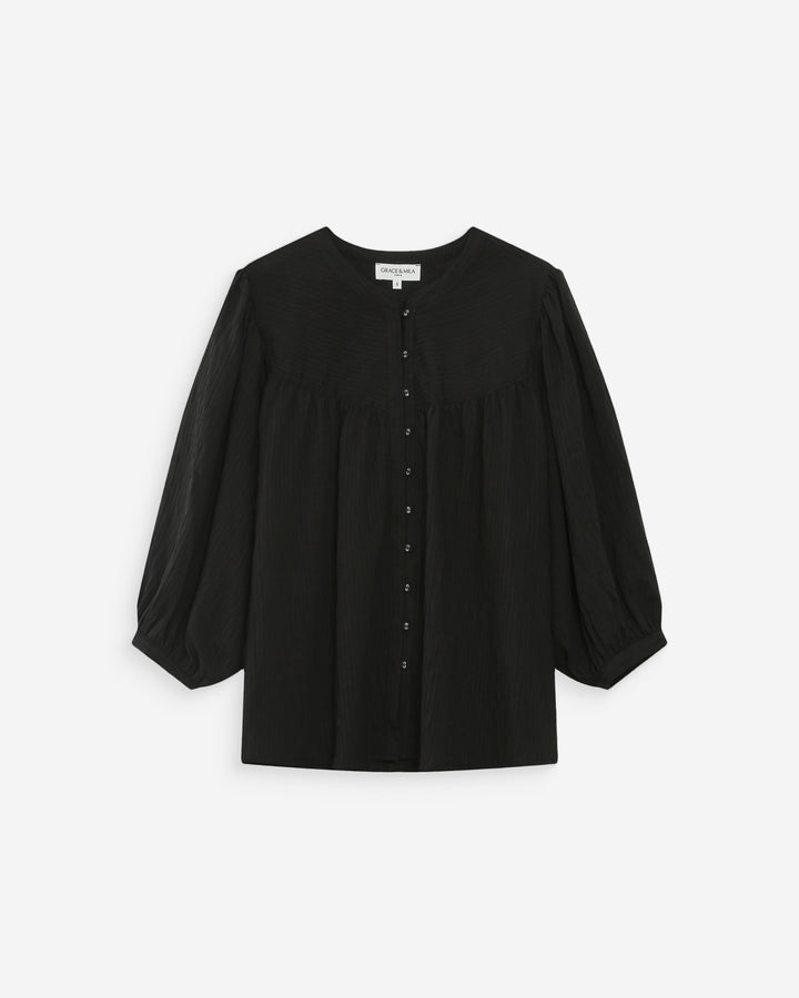 Blouse à manches ballons ample boutonnée noir Vanille