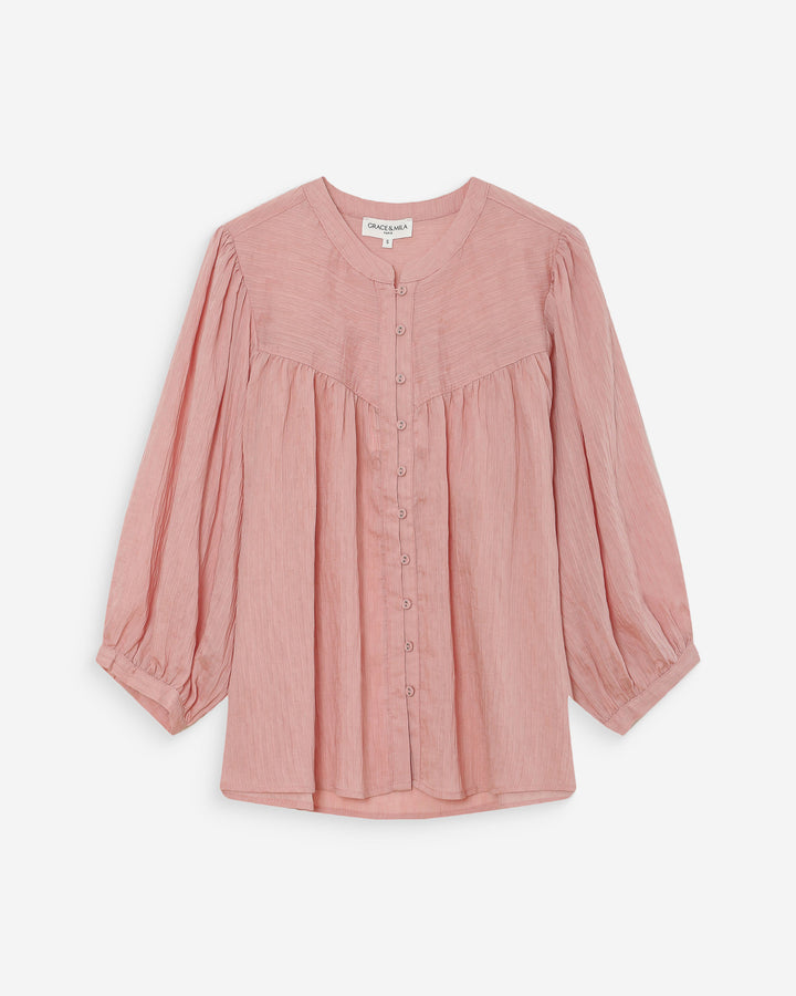 Blouse à manches ballons ample boutonnée rose Vanille