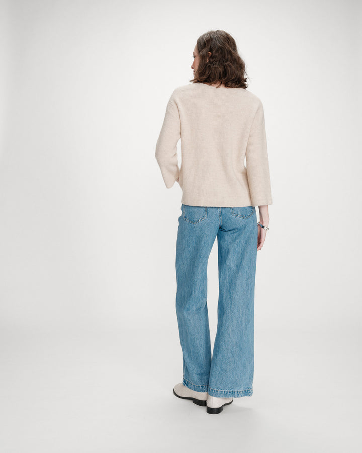 Pull oversize manches 3/4 col V beige Vicenzo