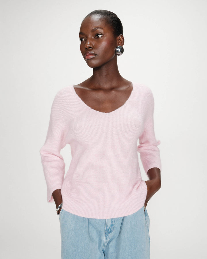 Pull oversize manches 3/4 col V rose Vicenzo