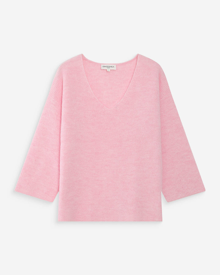Pull oversize manches 3/4 col V rose Vicenzo