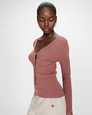 Cardigan ajusté col V manches longues terracotta Volage