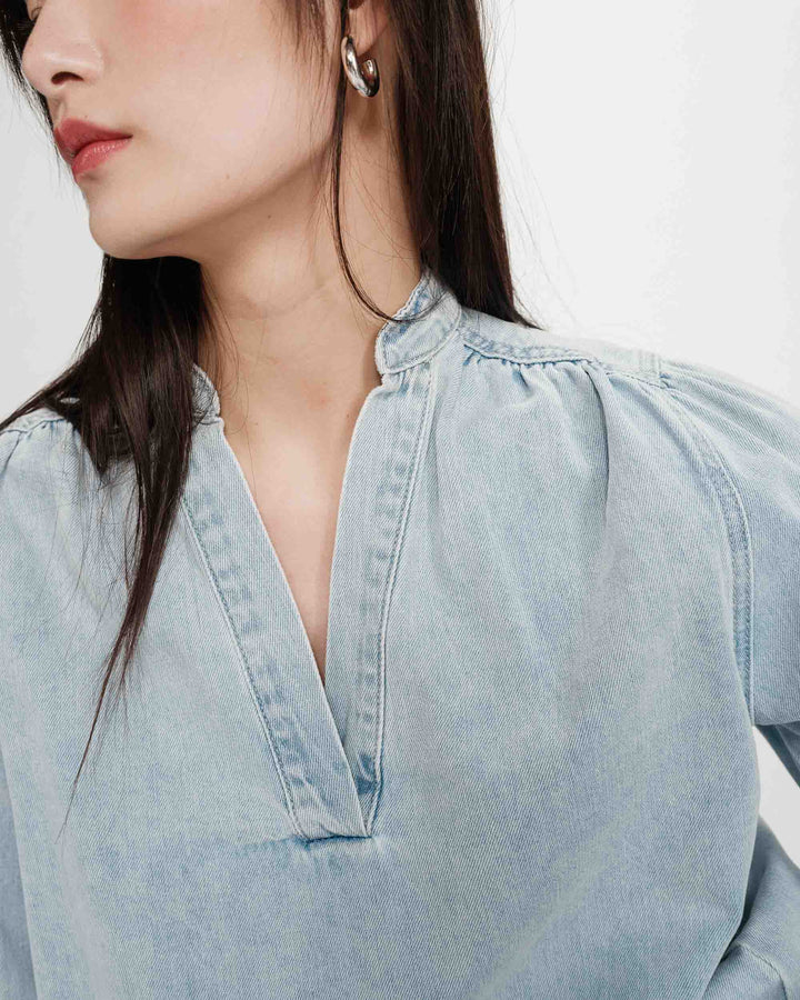 Blouse droite en denim manches longues skyblue Valory