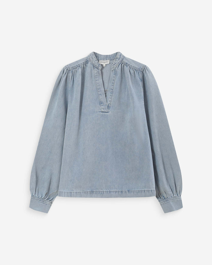 Blouse droite en denim manches longues skyblue Valory