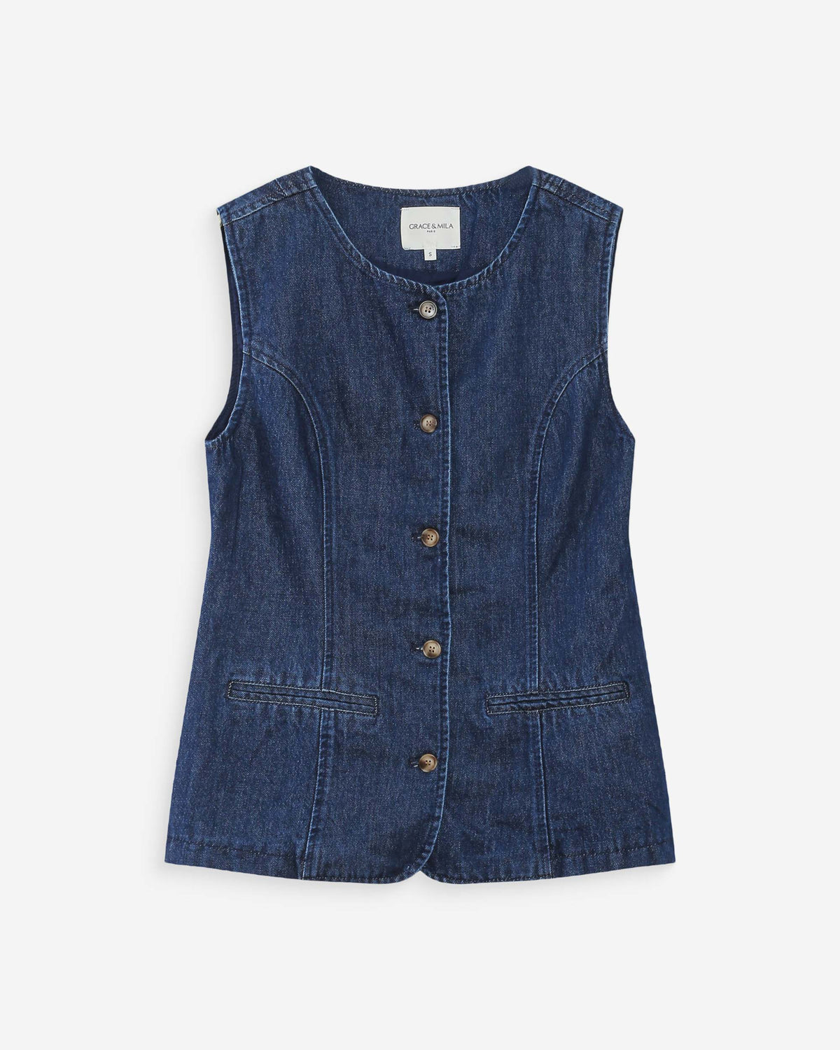 Fitted sleeveless denim jacket with buttons mediumblue Vallon