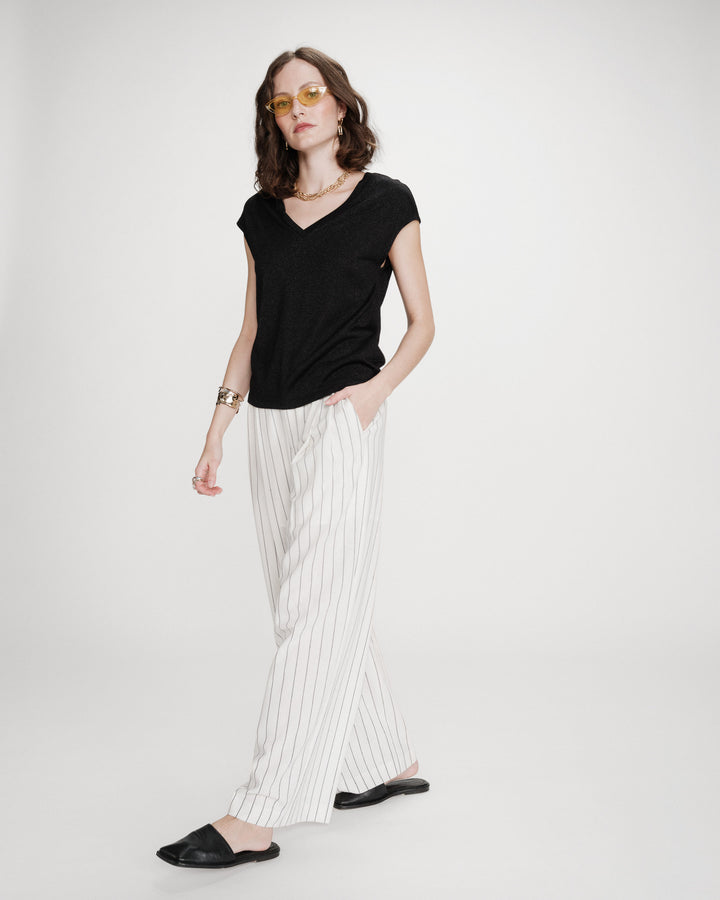 Top col V manches courtes en lurex noir Valsons