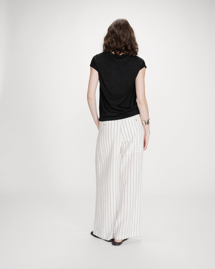 Top col V manches courtes en lurex noir Valsons