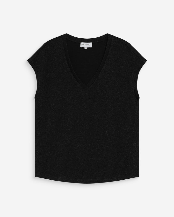 Top col V manches courtes en lurex noir Valsons