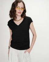 Top col V manches courtes en lurex noir Valsons