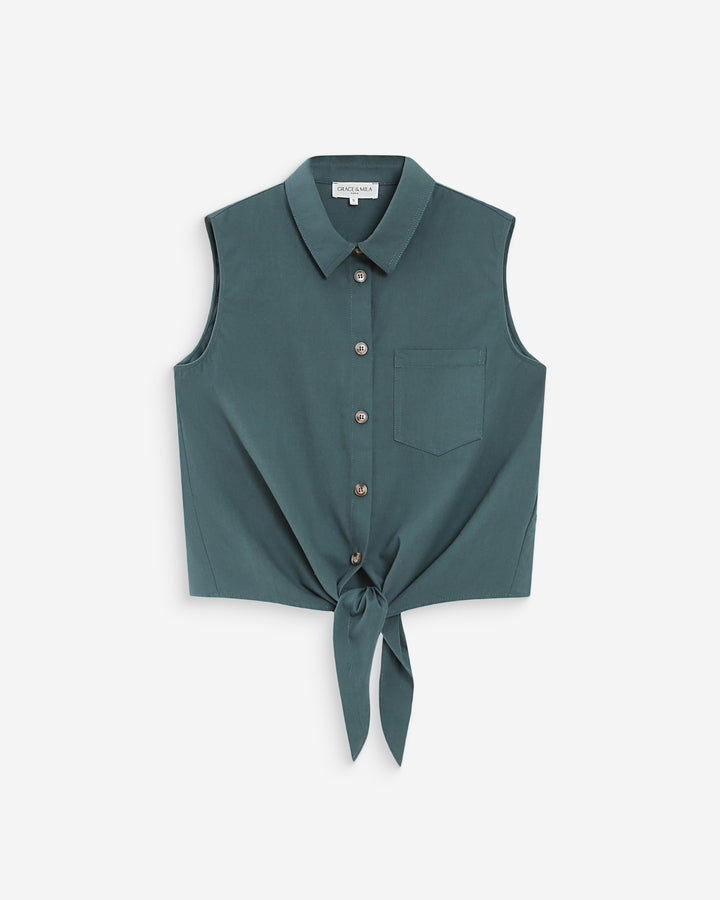 Chemise cintrée en coton à nouer devant emeraude Vero