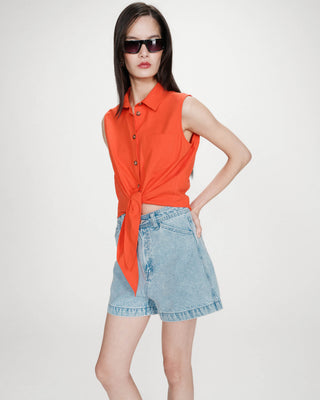 Chemise cintrée en coton à nouer devant sanguine Vero