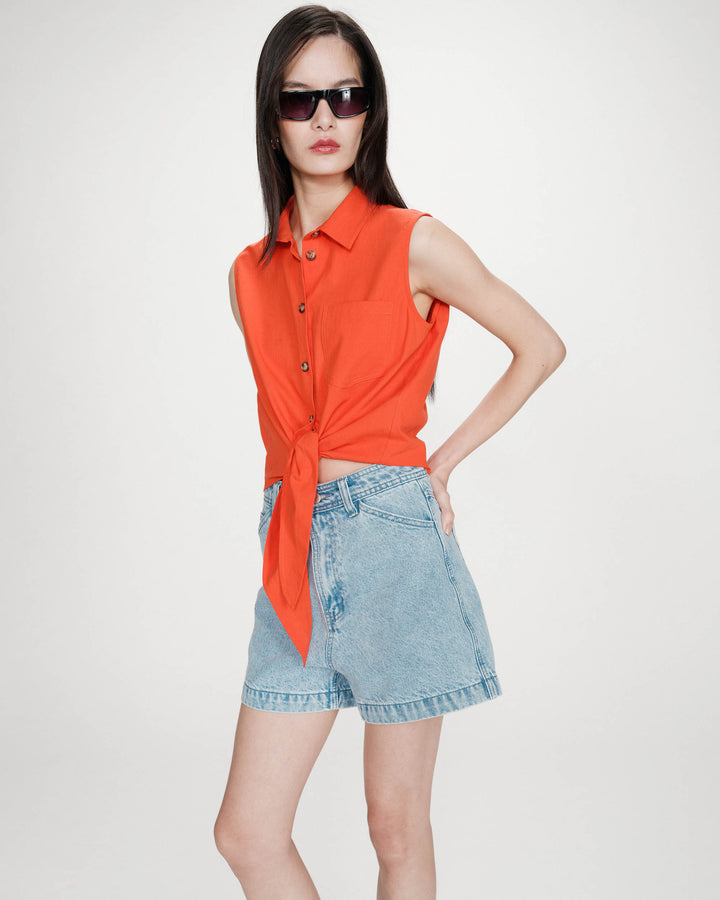 Chemise cintrée en coton à nouer devant sanguine Vero