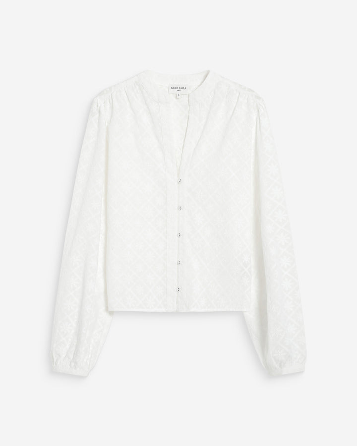 Blouse broderie anglaise col mao en coton ivoire Vandita