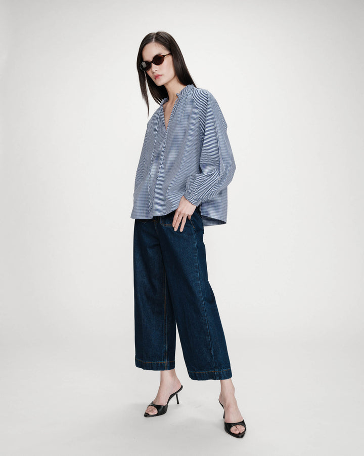 Blouse à carreaux en coton col V oversize marine Varry