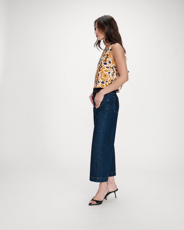Straight sleeveless backless printed top cognac Venise