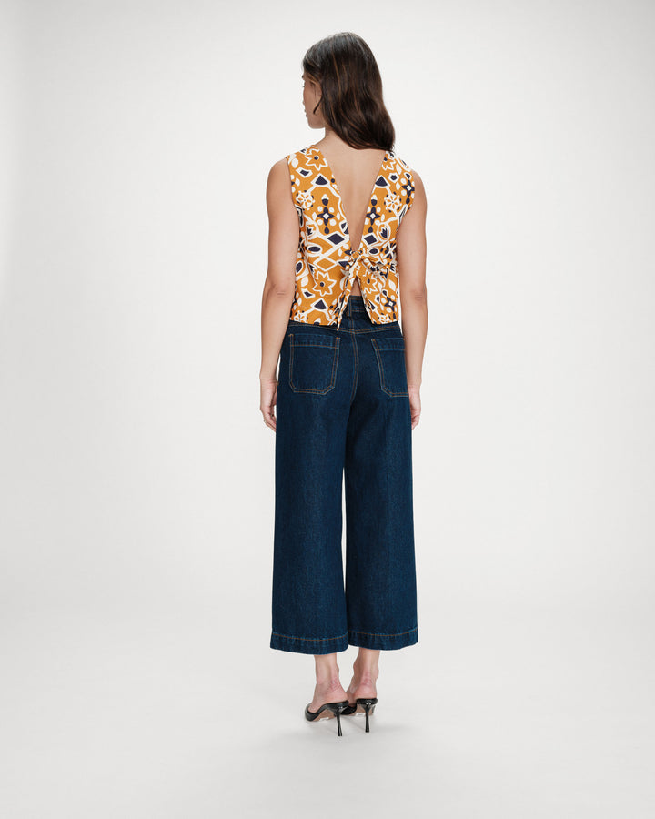 Straight sleeveless backless printed top cognac Venise