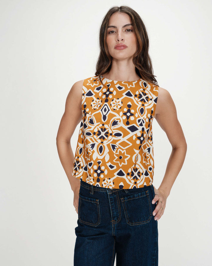 Straight sleeveless backless printed top cognac Venise