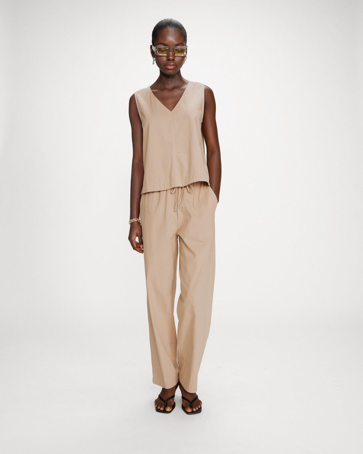 Top en coton sans manches col V sable Vagabond