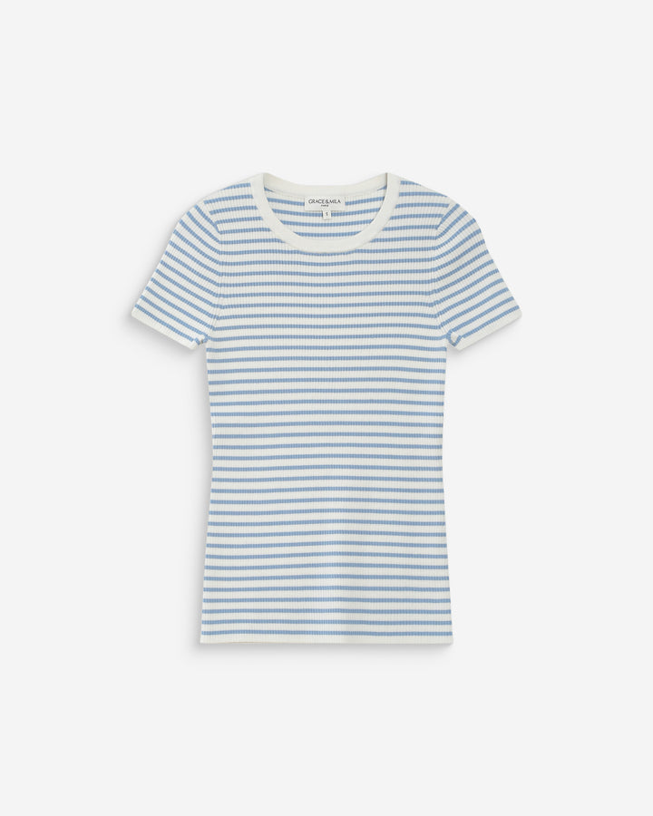 Pull en fine maille ajusté manches courtes bleuet Vendredi