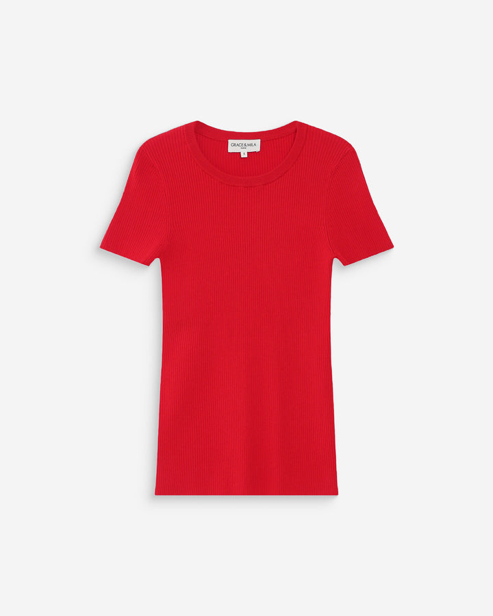 Pull en fine maille ajusté manches courtes rouge Vendredi