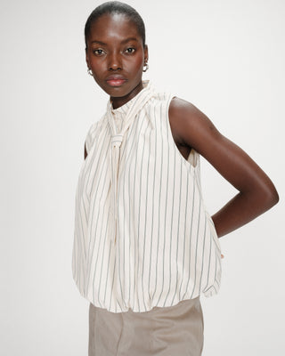 Balloon striped poplin top with tie neck vanille Vanya