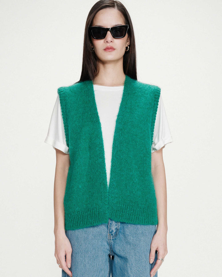 Cardigan laine et mohair sans manches vert Vicomte