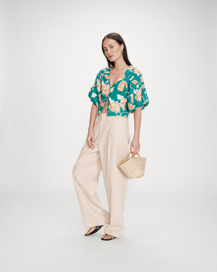 Floral linen V-neck top vert Vahe