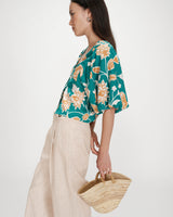 Floral linen V-neck top vert Vahe
