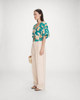 Floral linen V-neck top vert Vahe